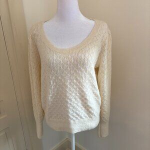 Off White Pointelle Knit Long Sleeve Pullover with Scoop Neck, Size M, Old Navy